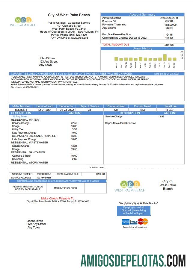 realista Modelo de conta de serviços públicos da cidade de West Palm Beach, Flórida, EUA, em formato Word e PDF